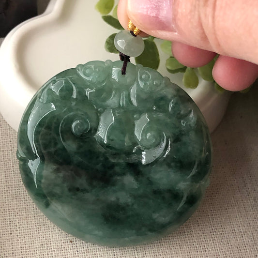 53.7mm Icy Green Float Flowers Jadeite Jade Ruyi Cloud Carved Monkey Pendant