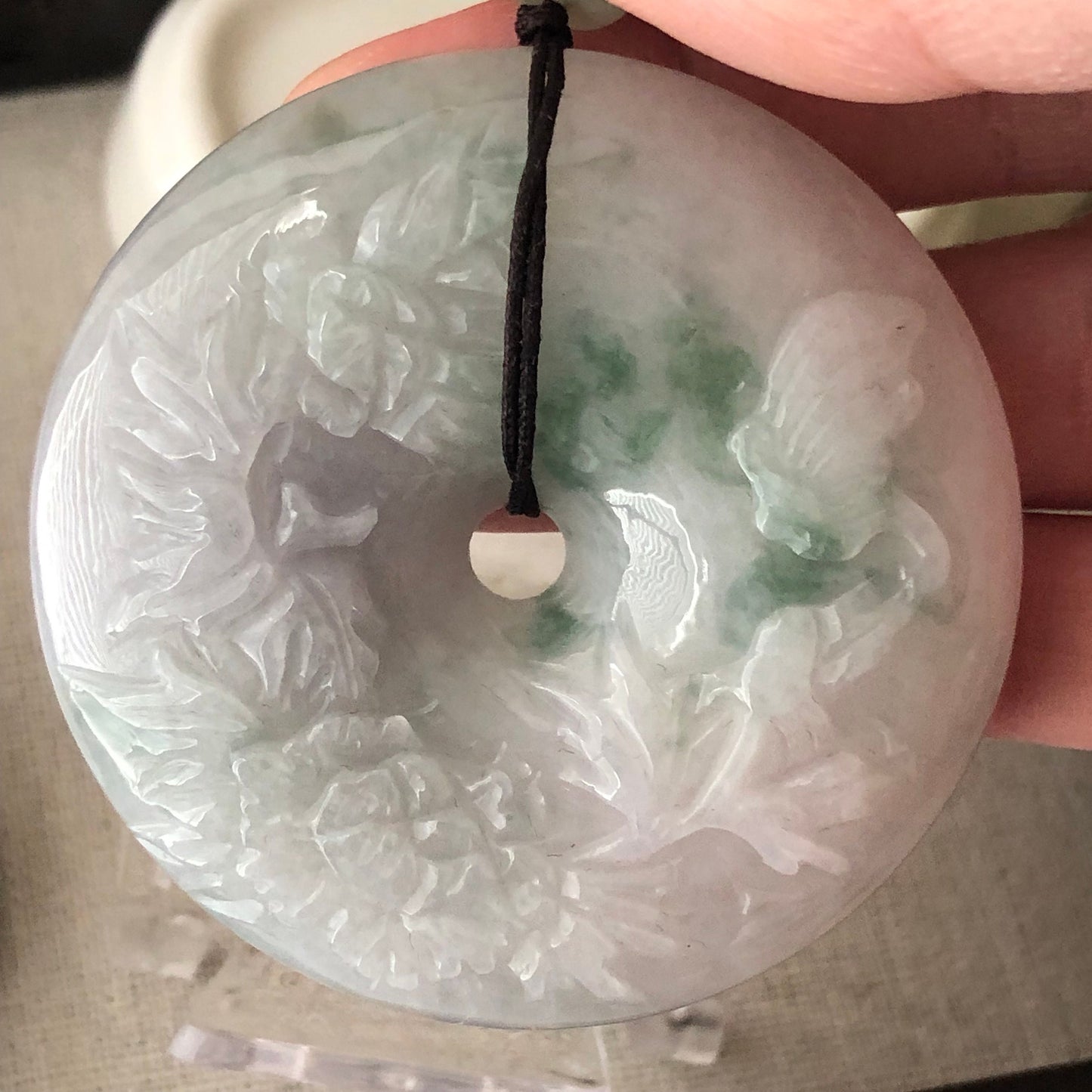 53.8mm Jadeite Jade Icy Green Float Flowers Carved Flowers Pendant