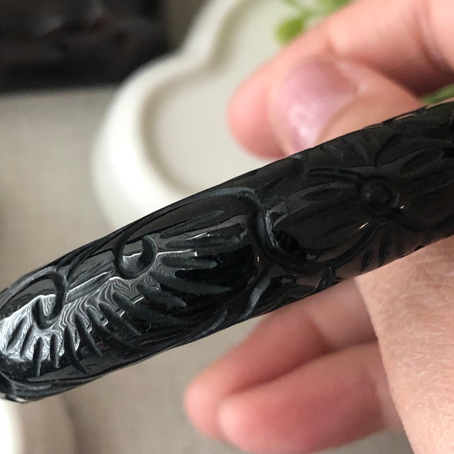 56 mm Jadeite Jade Omphacite Black  Carved Flower Bangle