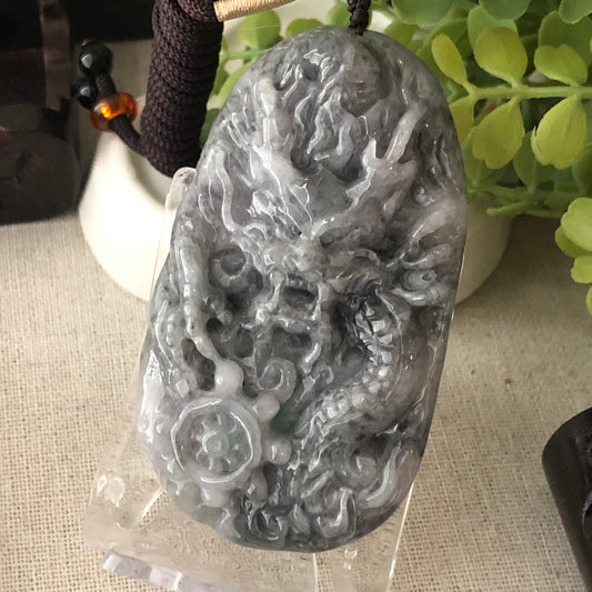 70mm Jadeite Jade Wuji Grey Carved Dragon Pendant