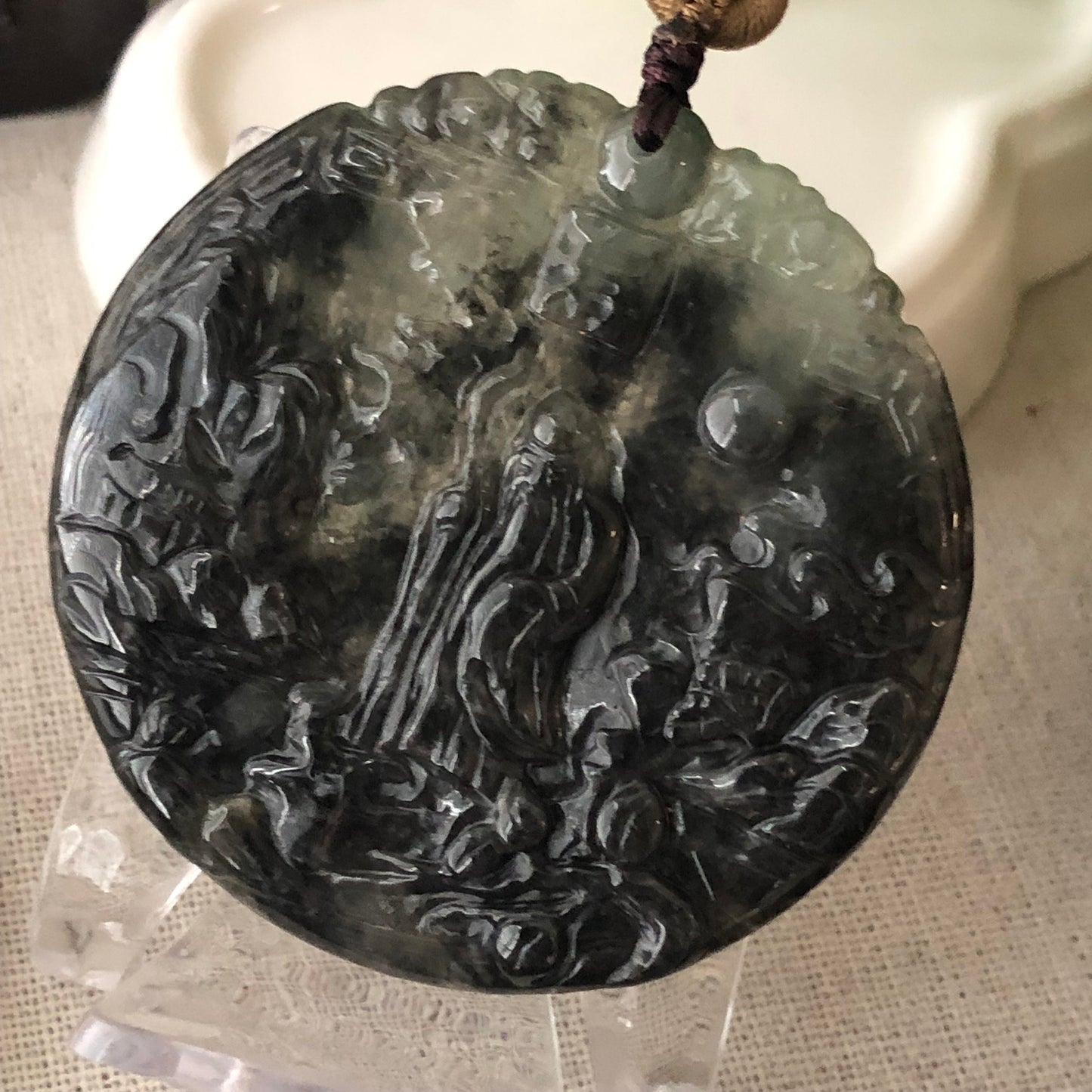 53 mm Icy Wuji Jadeite Jade Carved Landscape Trees Wealthy God Pendant