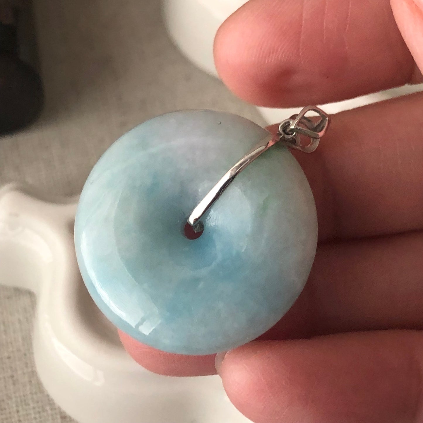 18K 27.4mm Jadeite Jade Blue Donut Pendant Rare
