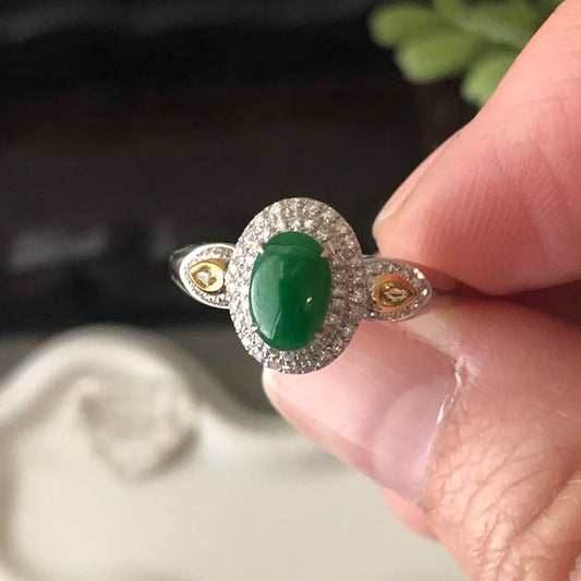 18K White Gold 10mm Jadeite Jade Green Ring Diamonds US Size 6