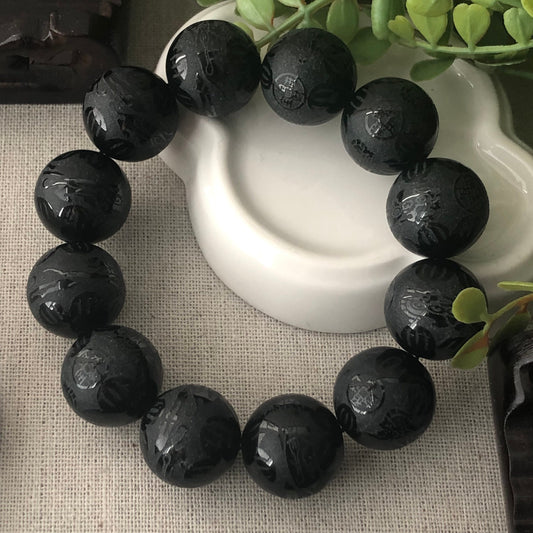 18mm Omphacite Black Jade Jadeite Carved Asian Character Bead Bracelet