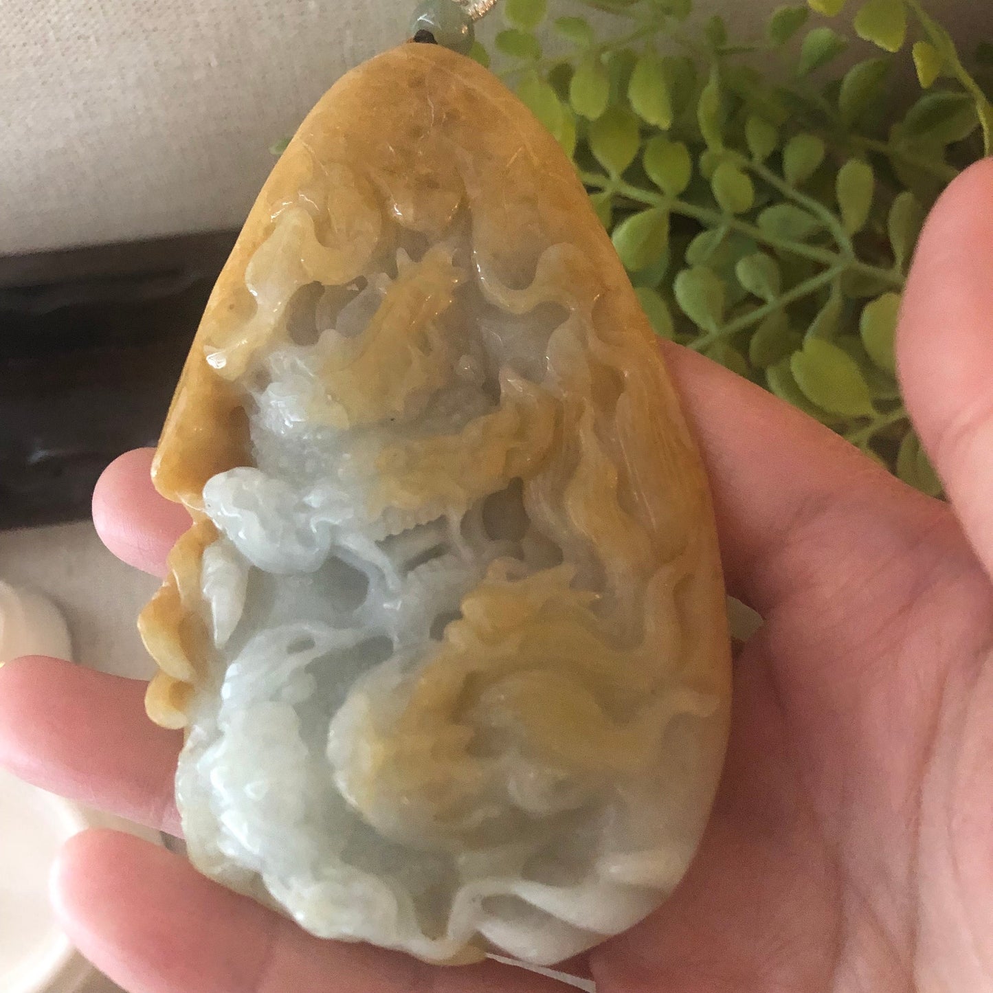 95mm Jadeite Jade Yellow Brown Carved Dragon Pendant