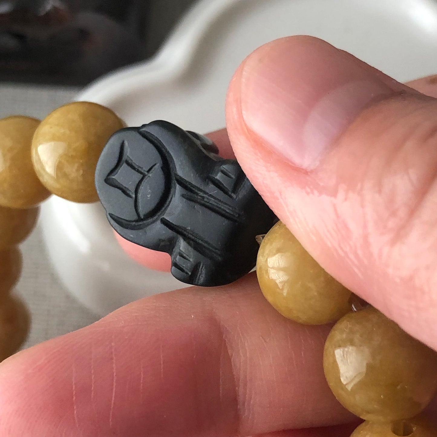 11 mm Earthy Glossy Yellow Brown Jadeite Jade Bead Bracelet with Carved Pixiu Bead