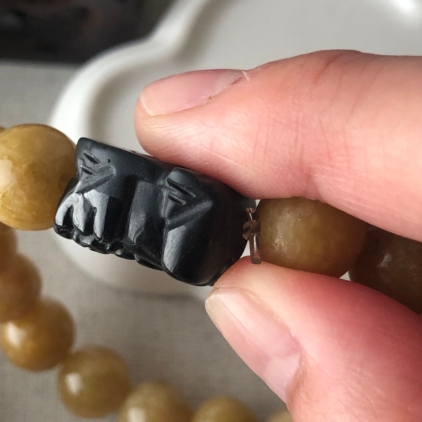 11 mm Earthy Glossy Yellow Brown Jadeite Jade Bead Bracelet with Carved Pixiu Bead