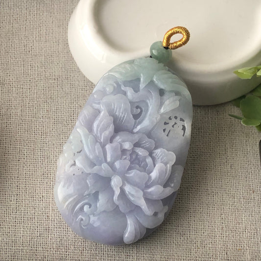 61.4mm Jadeite Jade  Lavender Blue Green Carved Flower Pendant