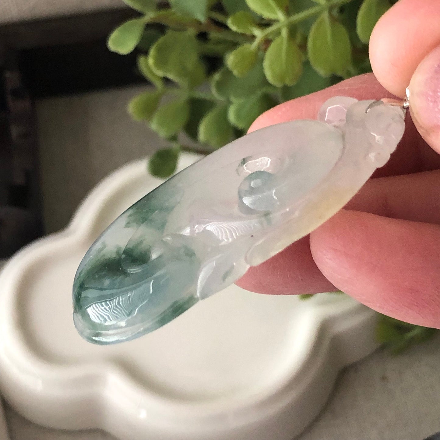 18K Bail 48.5mm Glutinous Jadeite Jade Glossy Ruyi Green Float Flowers Pendant