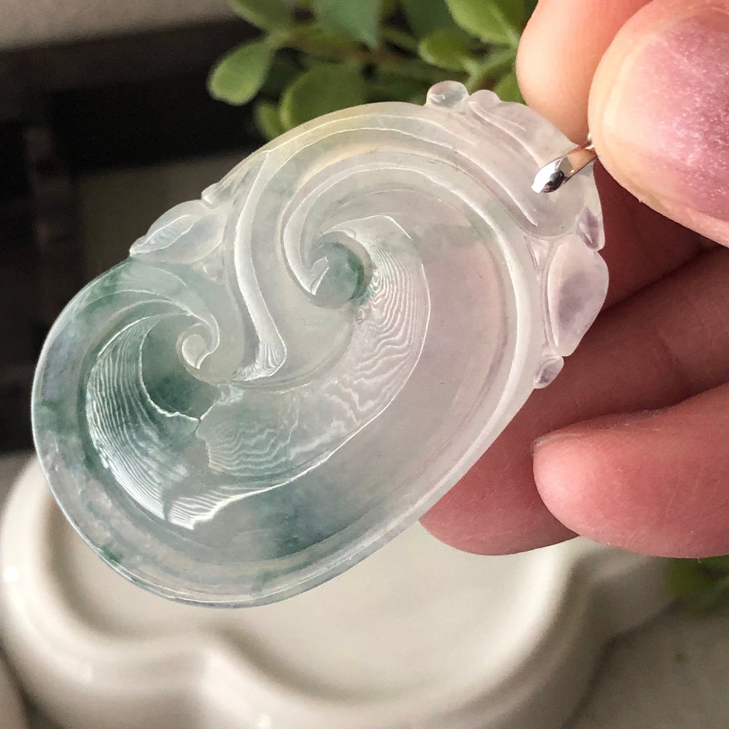 18K Bail 48.5mm Glutinous Jadeite Jade Glossy Ruyi Green Float Flowers Pendant