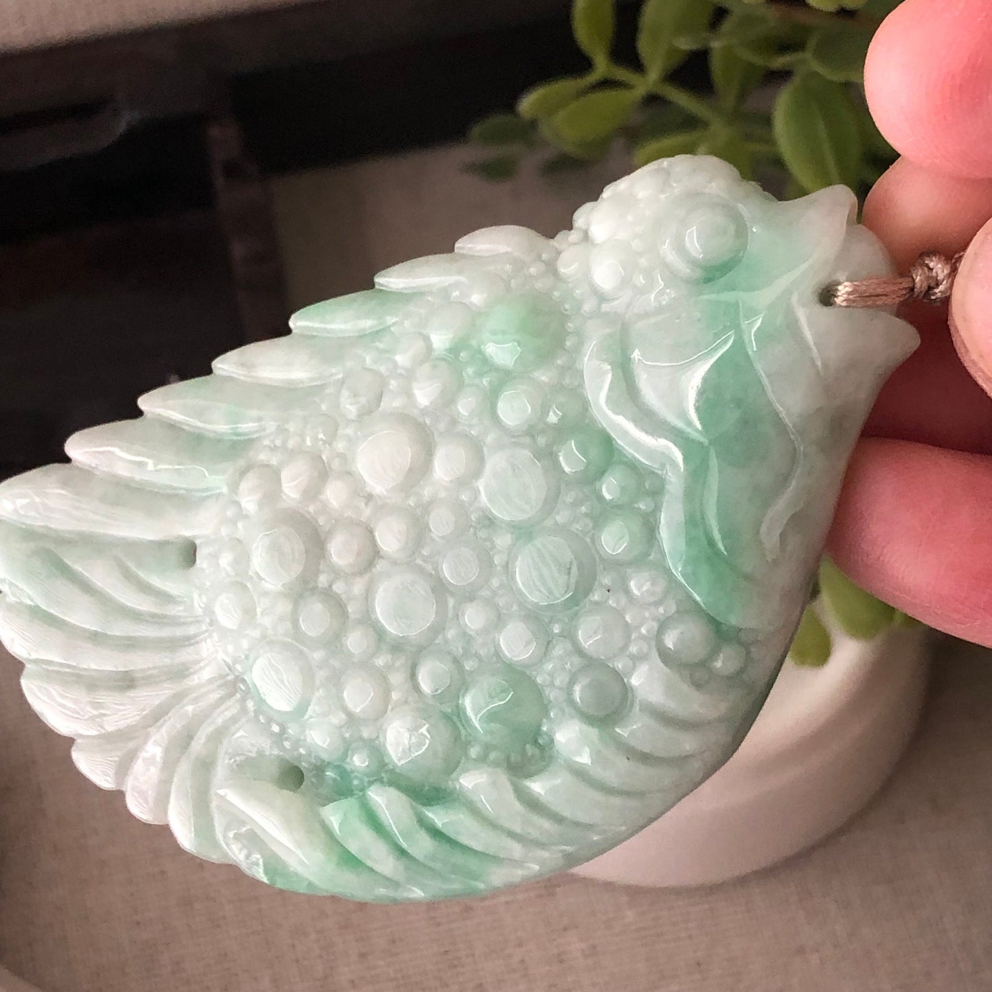 70mm Green Carved Big Fish Jade Jadeite Pendant Shape