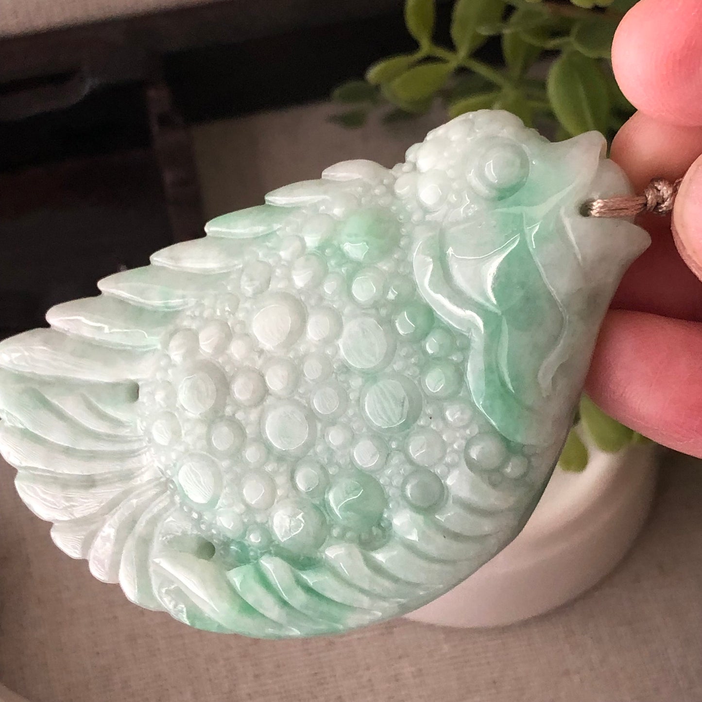 70mm Green Carved Big Fish Jade Jadeite Pendant Shape