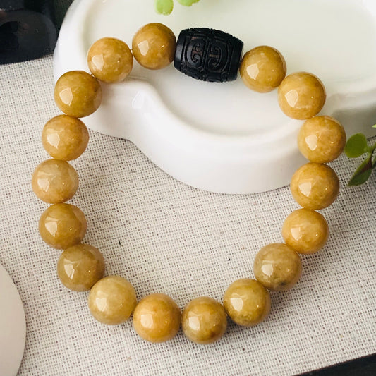 11 mm Earthy Glossy Yellow Brown Jadeite Jade Bead Bracelet with Wood Carved Asian Bead