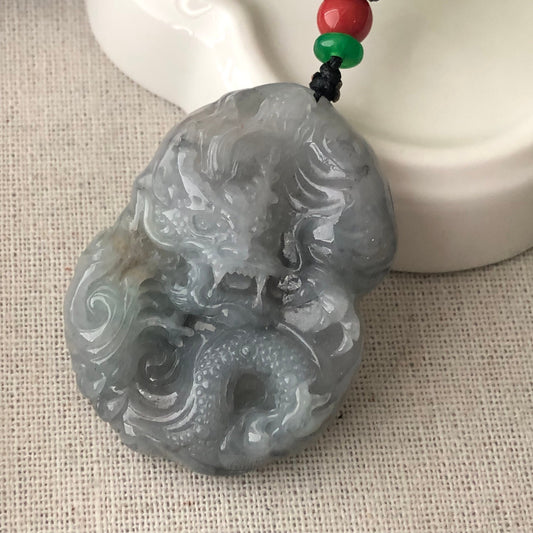 46.3mm Icy Wuji Grey Jadeite Jade Carved Dragon Pendant
