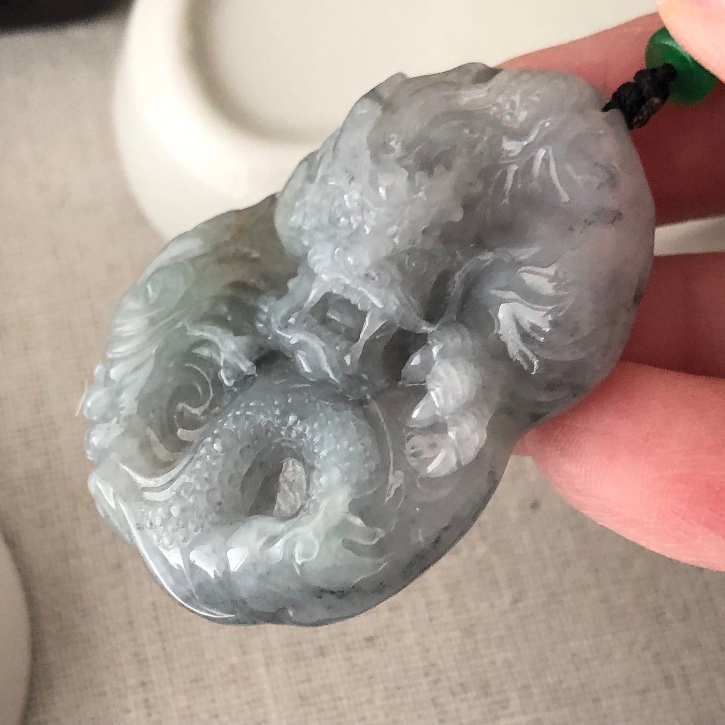 46.3mm Icy Wuji Grey Jadeite Jade Carved Dragon Pendant
