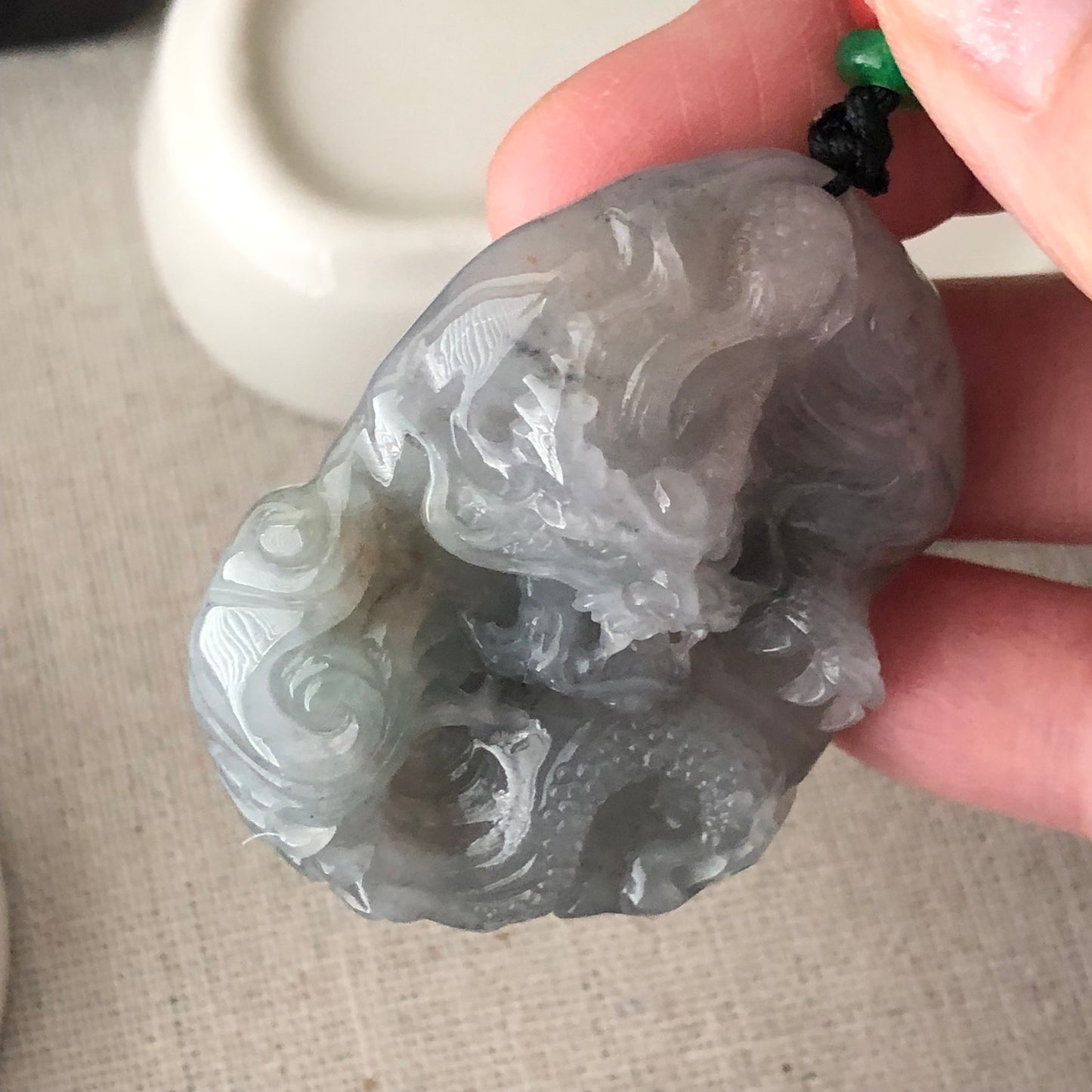 46.3mm Icy Wuji Grey Jadeite Jade Carved Dragon Pendant