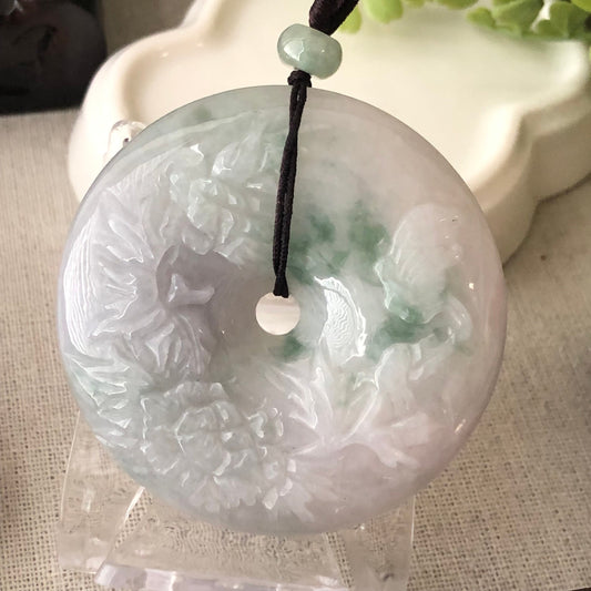 53.8mm Jadeite Jade Icy Green Float Flowers Carved Flowers Pendant