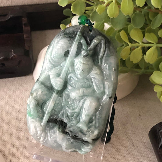 71mm Jadeite Jade Wuji Green Carved Monkey King 孫悟空 Pendant
