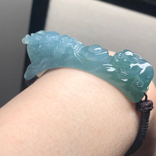 55 mm Icy Blue Guatemalan Jade Carved Dragon Head and Pixiu Bracelet RARE