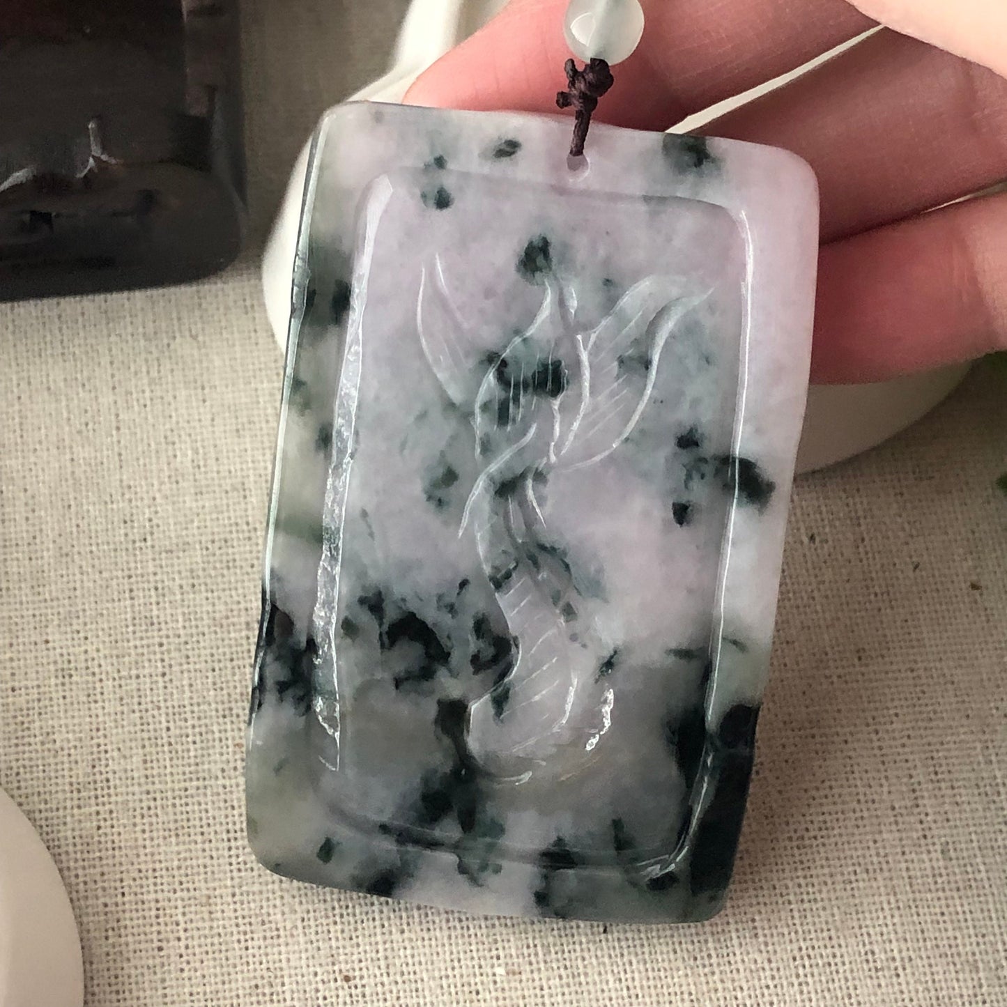 75mm Light Lavender Green Float Flowers Jadeite Jade Carved Dragon Pendant