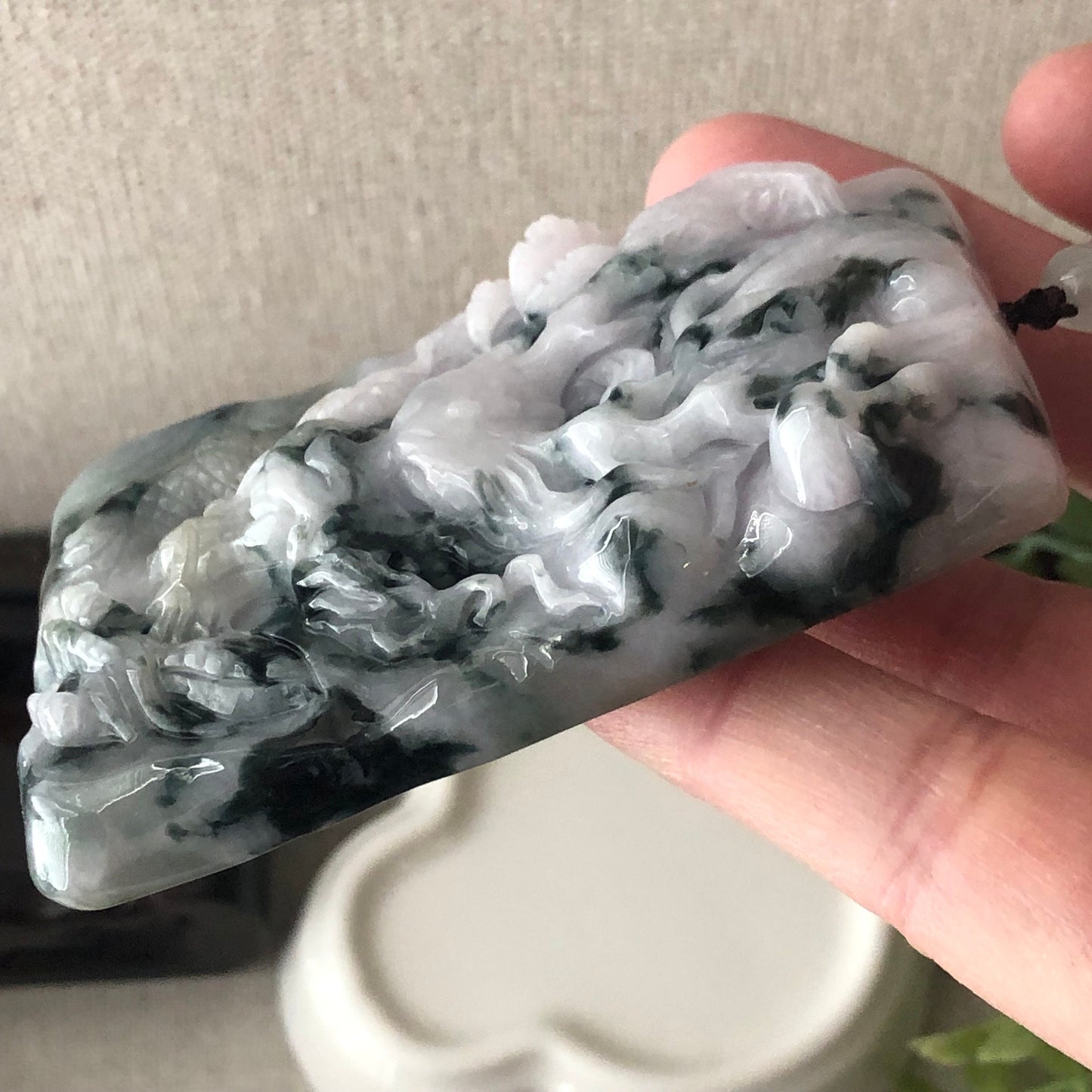 75mm Light Lavender Green Float Flowers Jadeite Jade Carved Dragon Pendant