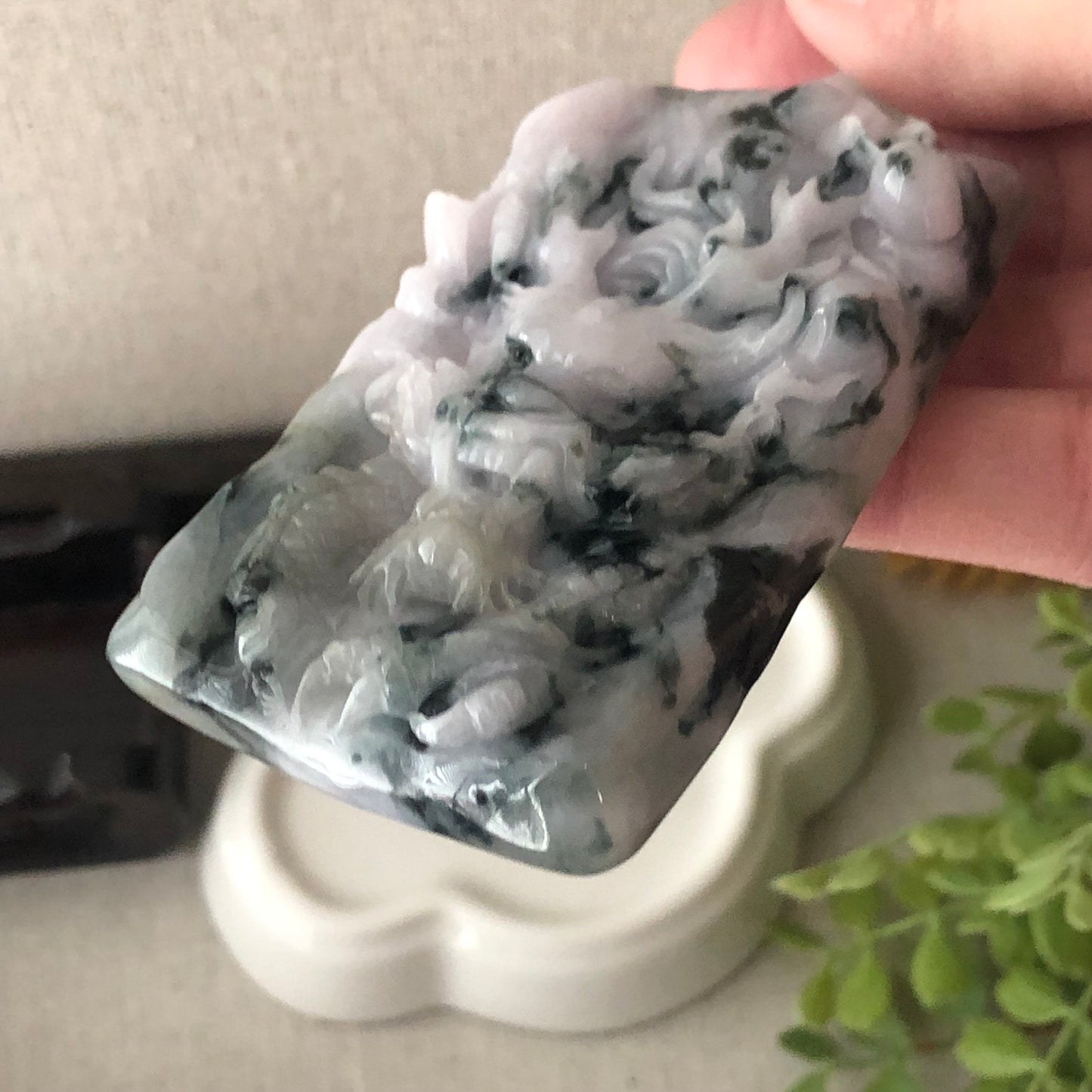 75mm Light Lavender Green Float Flowers Jadeite Jade Carved Dragon Pendant