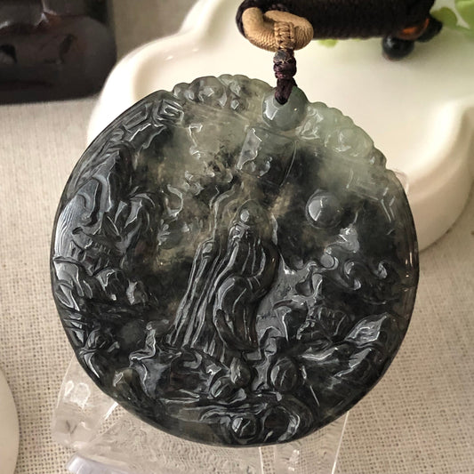 53 mm Icy Wuji Jadeite Jade Carved Landscape Trees Wealthy God Pendant