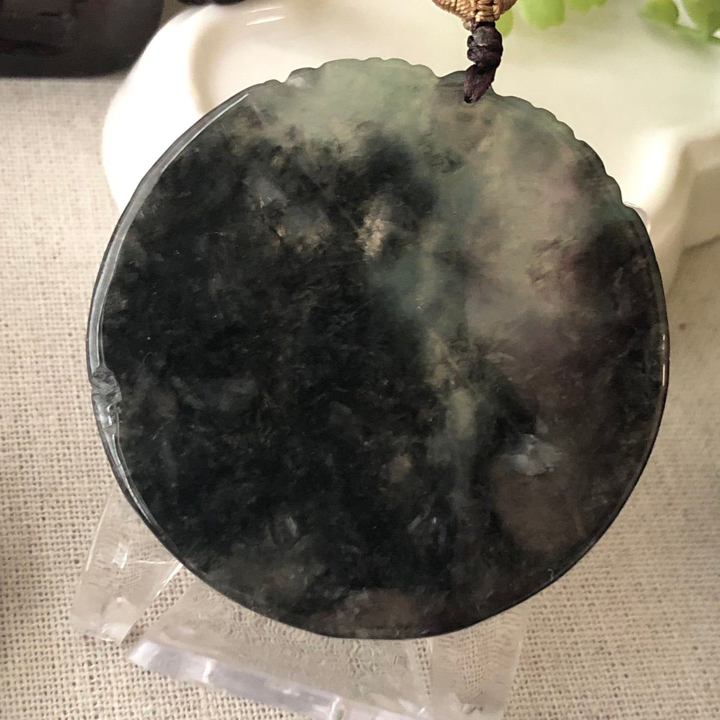 53 mm Icy Wuji Jadeite Jade Carved Landscape Trees Wealthy God Pendant