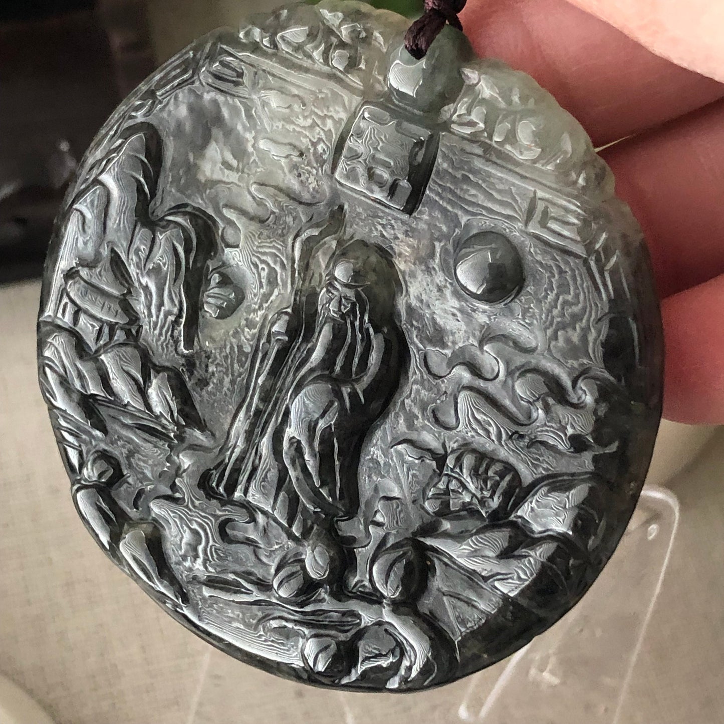 53 mm Icy Wuji Jadeite Jade Carved Landscape Trees Wealthy God Pendant