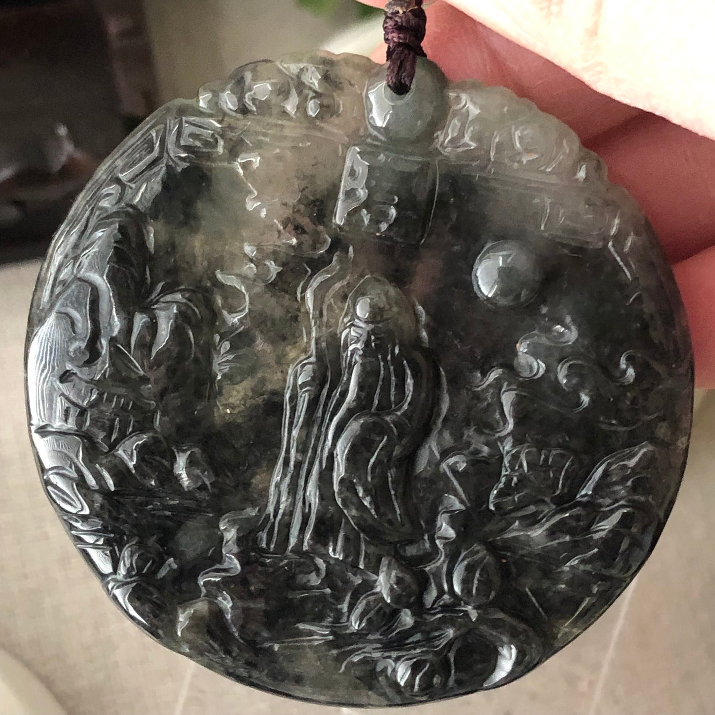 53 mm Icy Wuji Jadeite Jade Carved Landscape Trees Wealthy God Pendant