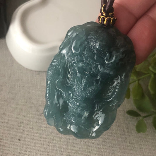 50mm Icy Blue Guatemalan Jade Carved Dragon Pendant