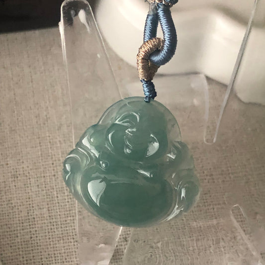 26mm Icy Blue Green Jadeite Jade Carved Happy Buddha Charm Pendant
