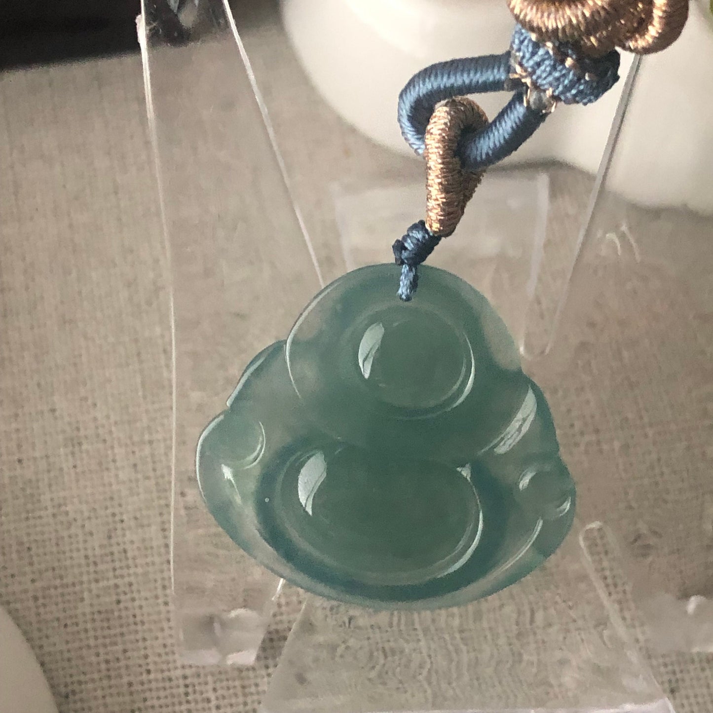 26mm Icy Blue Green Jadeite Jade Carved Happy Buddha Charm Pendant