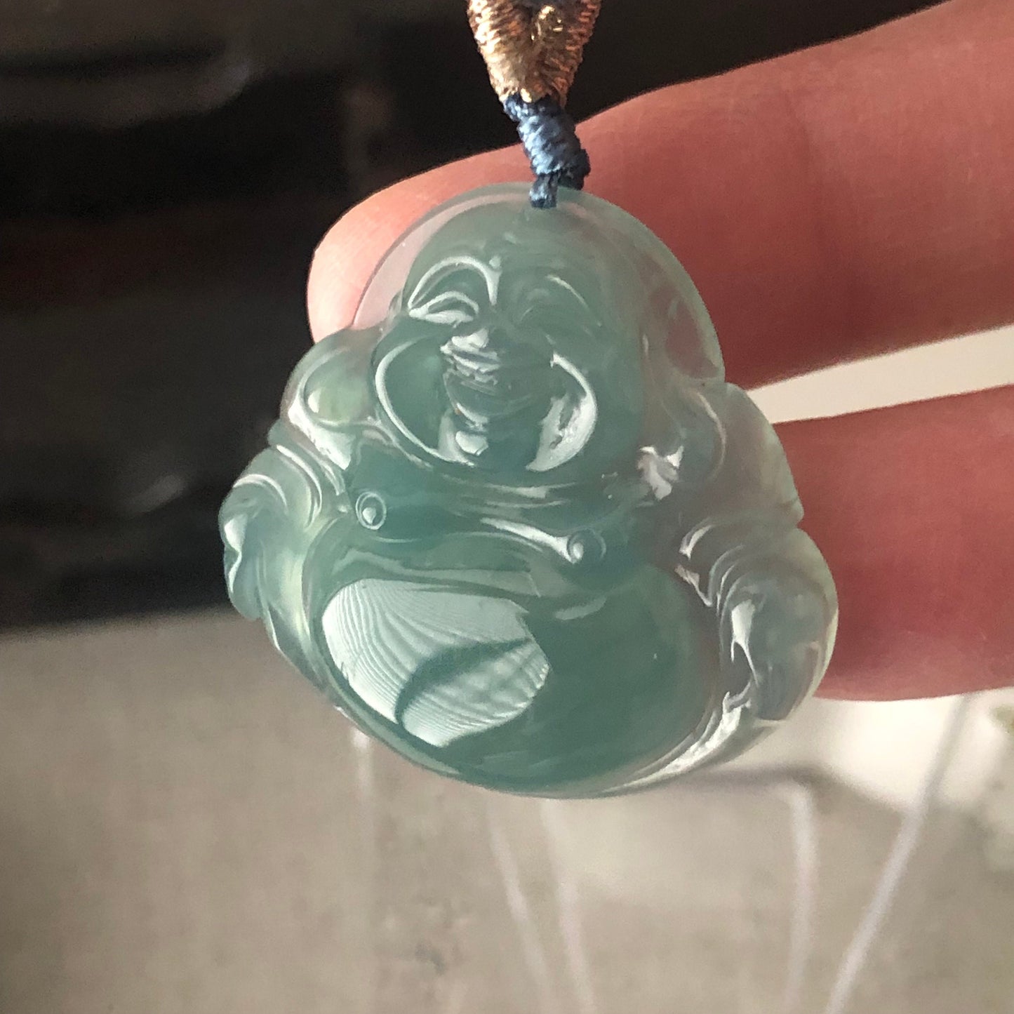 26mm Icy Blue Green Jadeite Jade Carved Happy Buddha Charm Pendant
