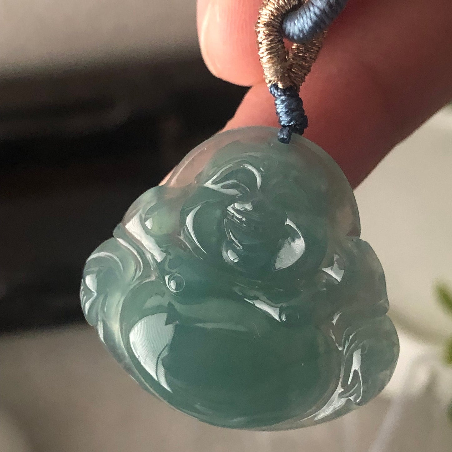26mm Icy Blue Green Jadeite Jade Carved Happy Buddha Charm Pendant