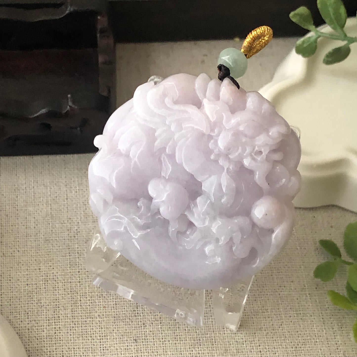 53mm Lavender Jadeite Jade Carved Flying Pixiu Ruyi Clouds Pendant