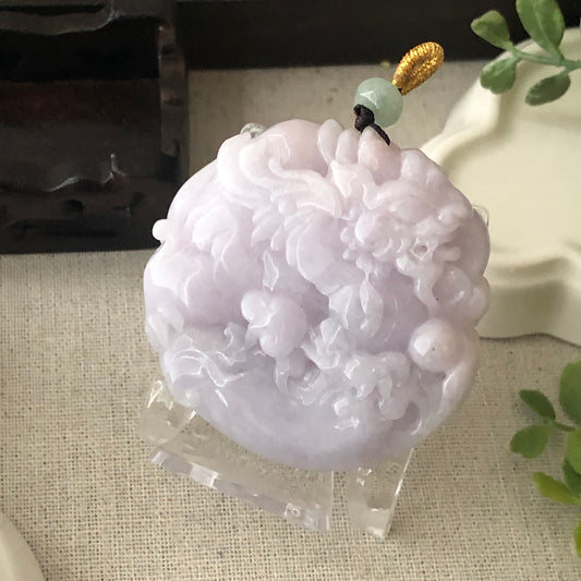 53mm Lavender Jadeite Jade Carved Flying Pixiu Ruyi Clouds Pendant