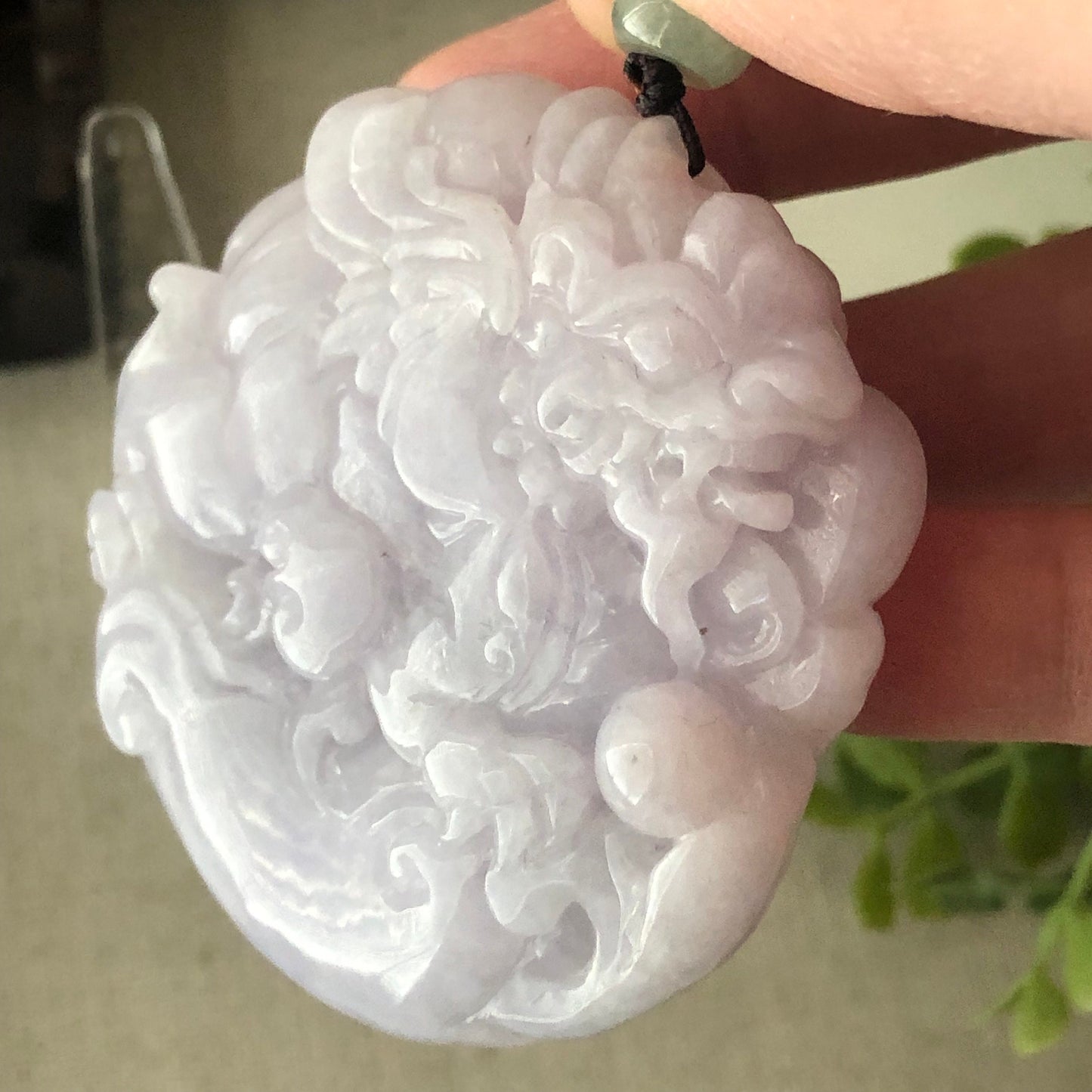 53mm Lavender Jadeite Jade Carved Flying Pixiu Ruyi Clouds Pendant