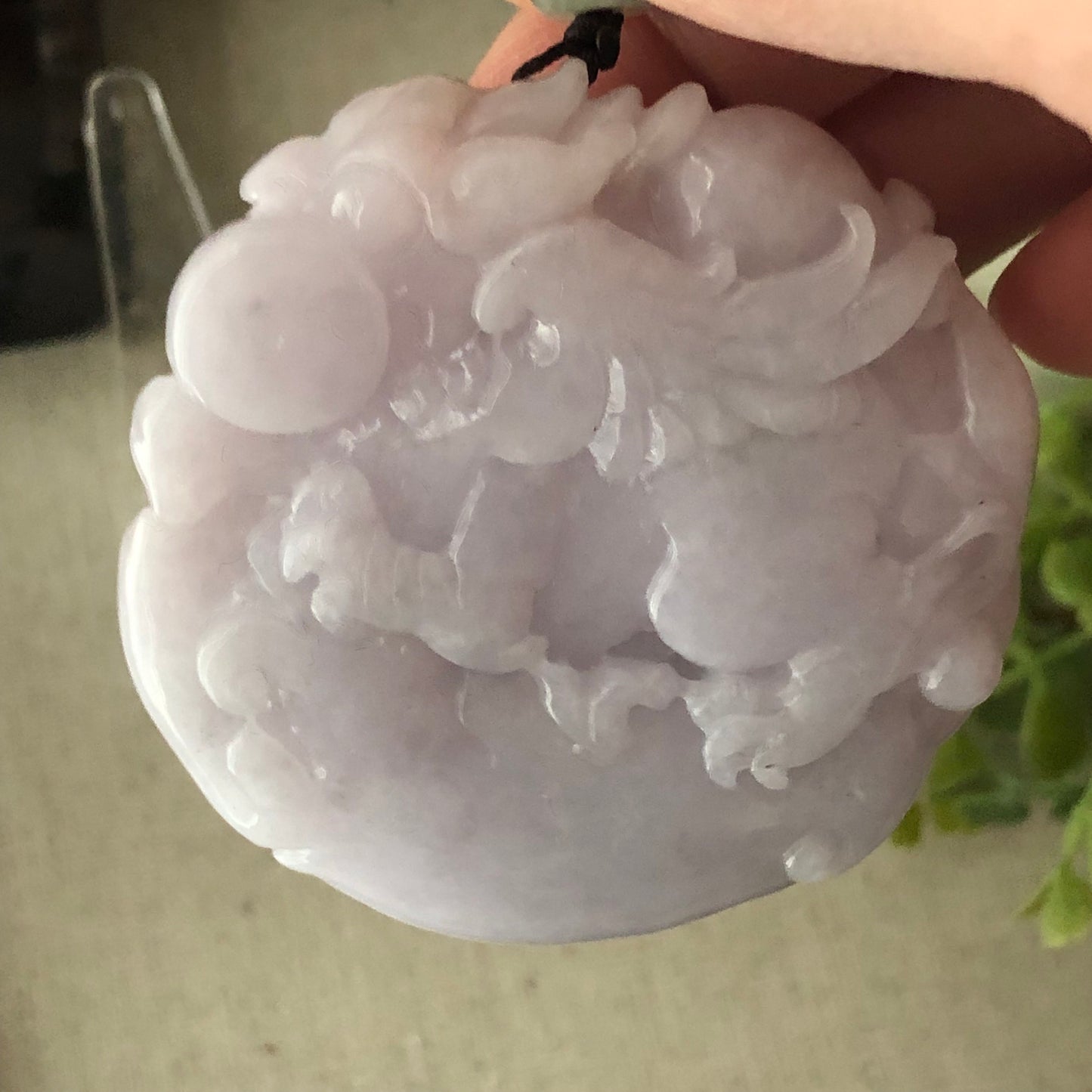 53mm Lavender Jadeite Jade Carved Flying Pixiu Ruyi Clouds Pendant