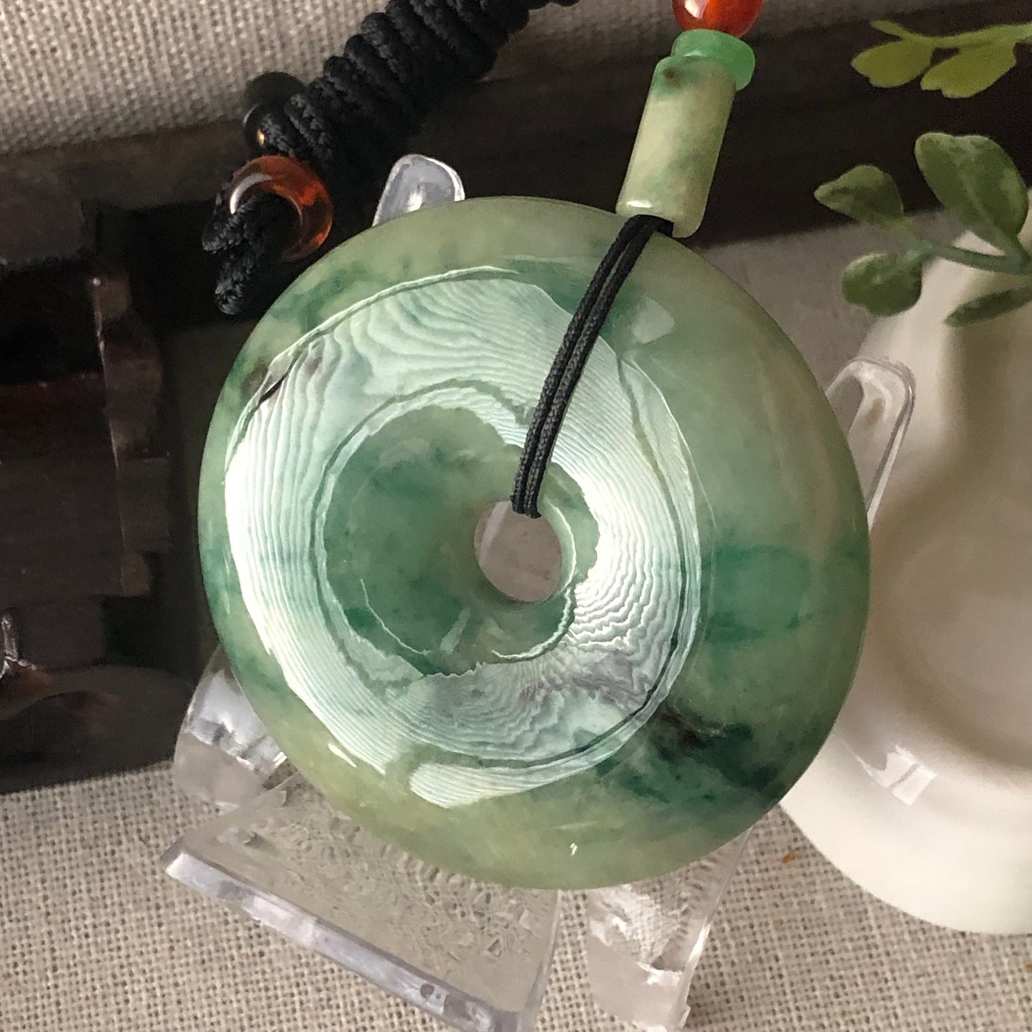 50mm Big Jadeite Jade Yellow Green Float Flowers Donut Pendant