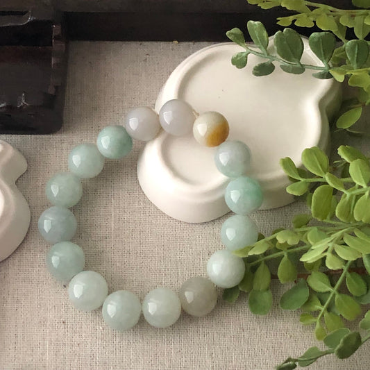 13.4mm Jade Jadeite Icy Green Yellow Round Bead Bracelet