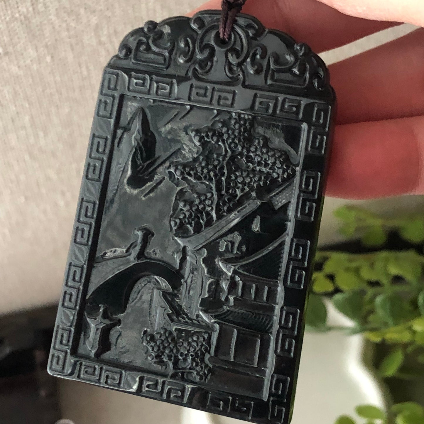 63.6 mm Icy Wuji Jadeite Jade Carved Landscape Mountain Tree Pendant