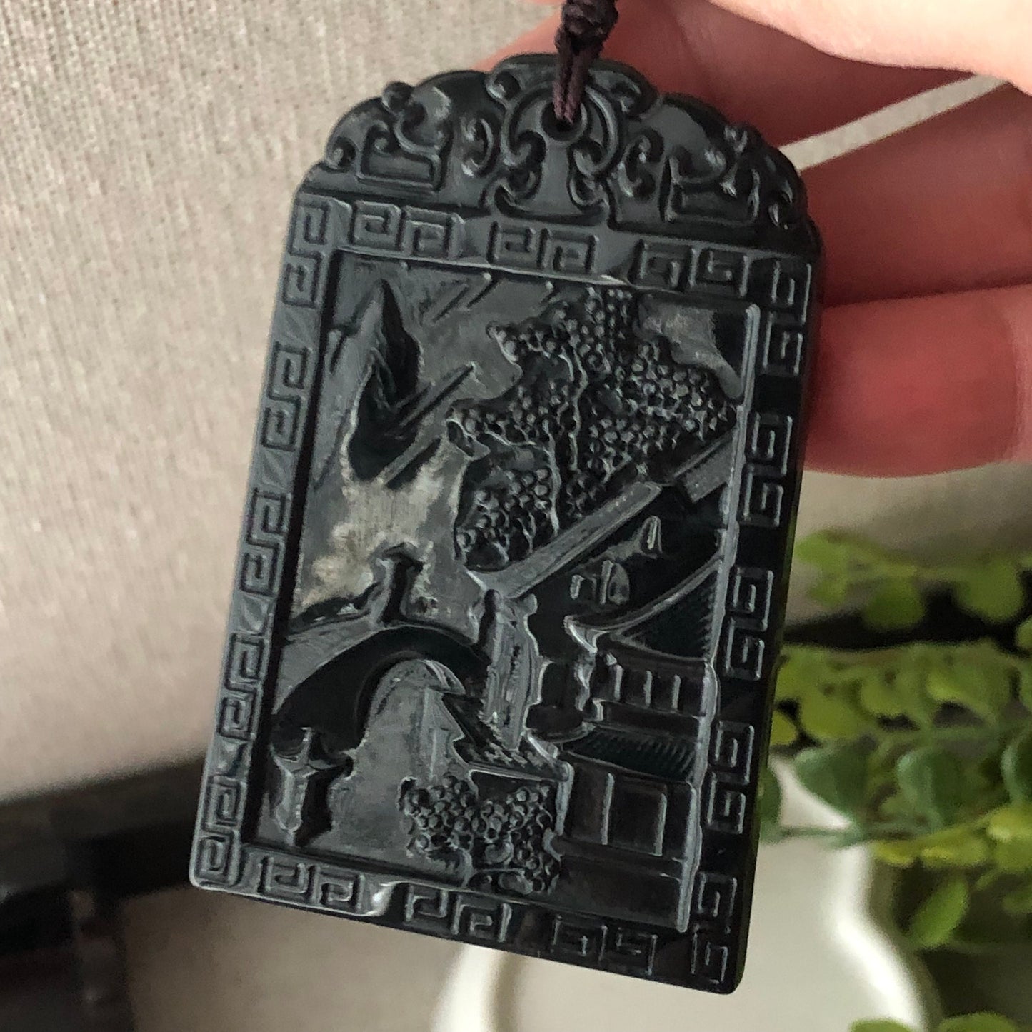 63.6 mm Icy Wuji Jadeite Jade Carved Landscape Mountain Tree Pendant