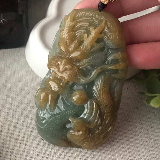 69.4mm Yellow Green Jadeite Jade Carved Dragon Phoenix Pendant
