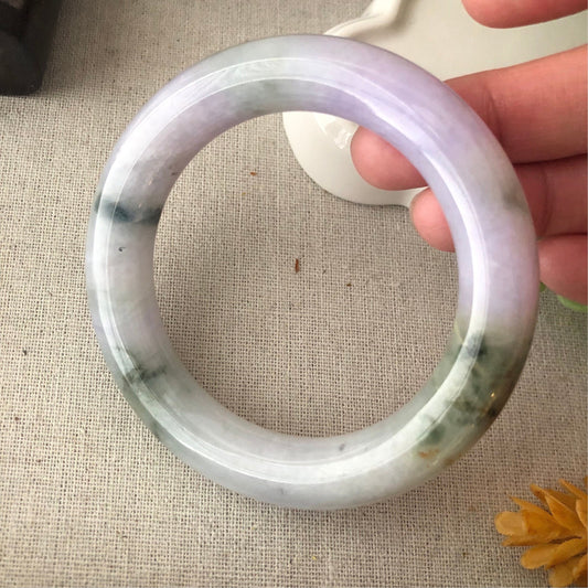55-56mm Jadeite Jade Light Lavender Green Float Flowers Round shaped Bangle