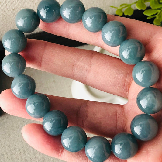 12.5 mm Glossy Moist GreenBlue Jadeite Jade Bead Bracelet