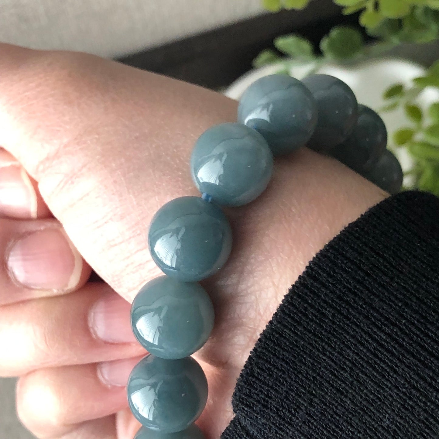 12.5 mm Glossy Moist GreenBlue Jadeite Jade Bead Bracelet