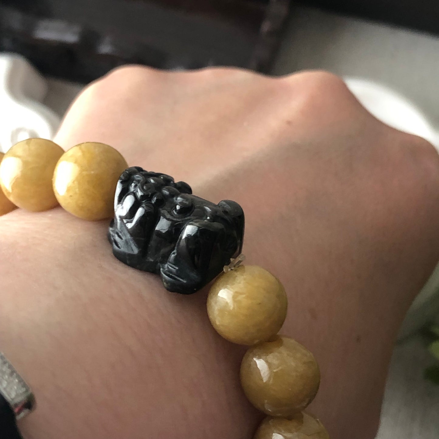 11 mm Earthy Glossy Yellow Brown Jadeite Jade Bead Bracelet with Carved Pixiu Bead