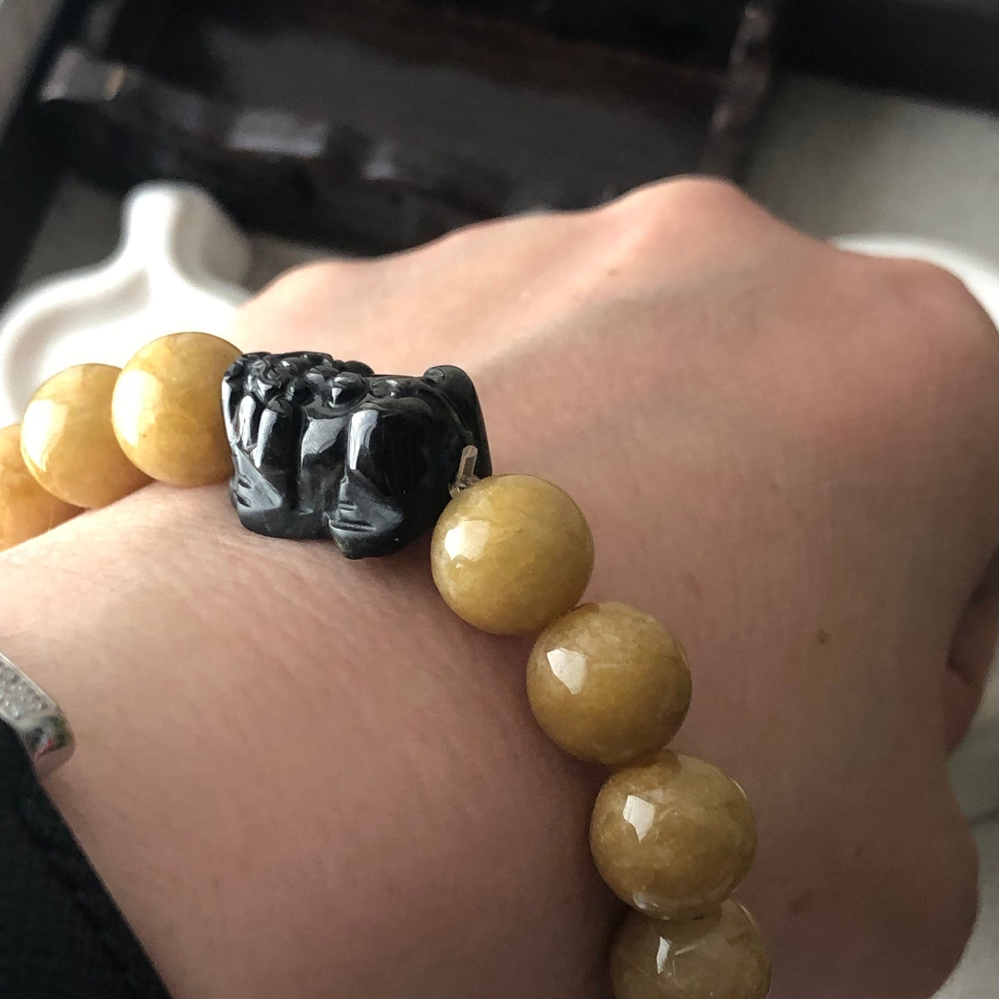 11 mm Earthy Glossy Yellow Brown Jadeite Jade Bead Bracelet with Carved Pixiu Bead