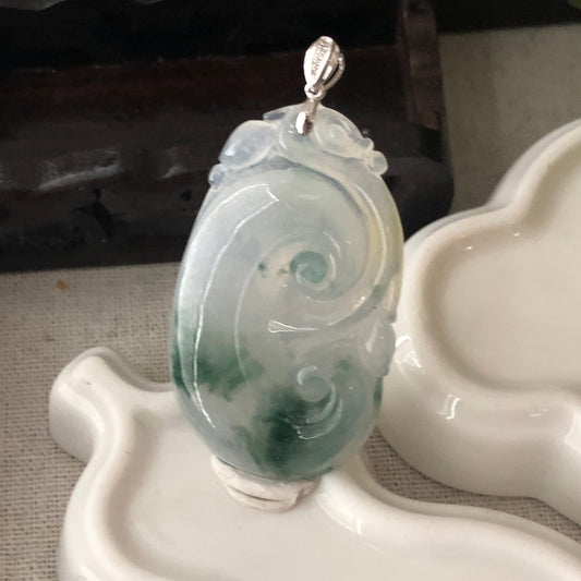 18K Bail 48.5mm Glutinous Jadeite Jade Glossy Ruyi Green Float Flowers Pendant